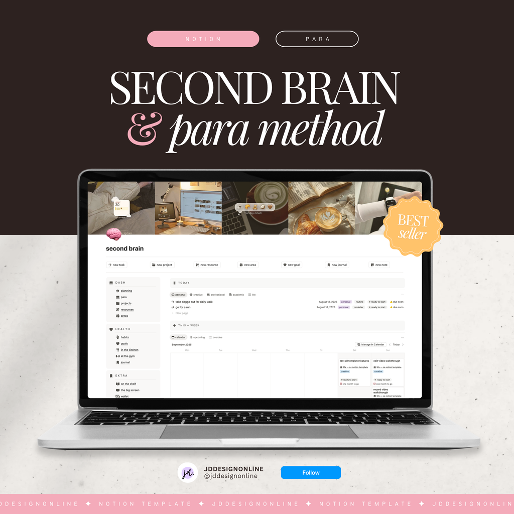Promotional graphic for a digital Notion template called 'Second Brain & Para Method', shown on a laptop mockup. The design features a dark brown header with pink and white text, a silver laptop displaying a clean white Notion interface, and a gold 'Best Seller' badge.
