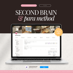 Promotional graphic for a digital Notion template called 'Second Brain & Para Method', shown on a laptop mockup. The design features a dark brown header with pink and white text, a silver laptop displaying a clean white Notion interface, and a gold 'Best Seller' badge.
