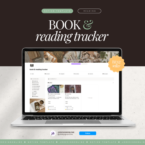 Laptop displaying a book and reading tracker website with a dark brown background