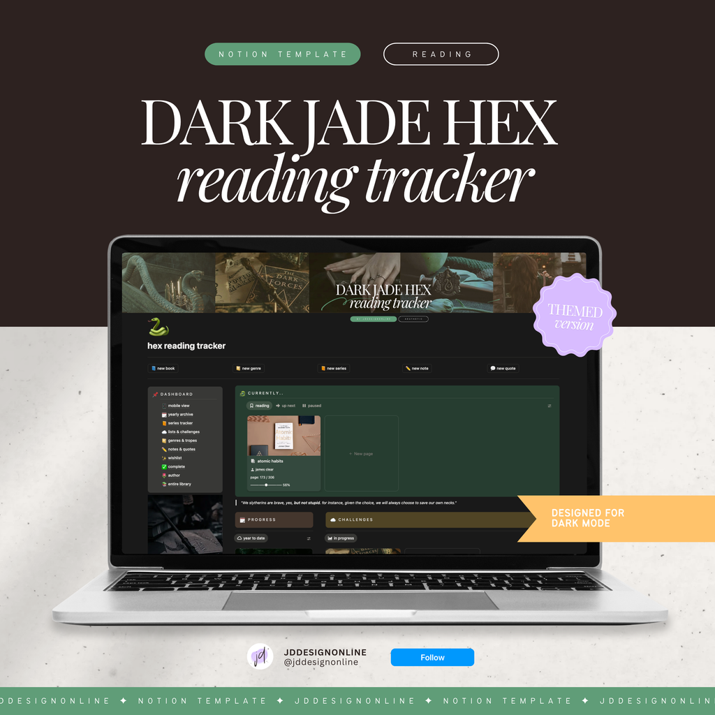 book & reading tracker | notion template [dark jade hex theme]