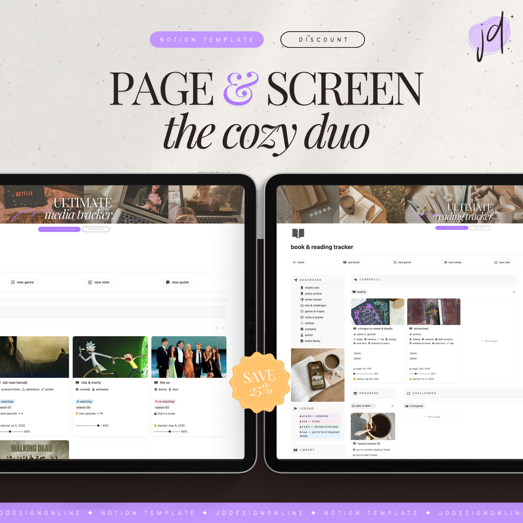 the cozy duo | notion template [reading & media bundle]