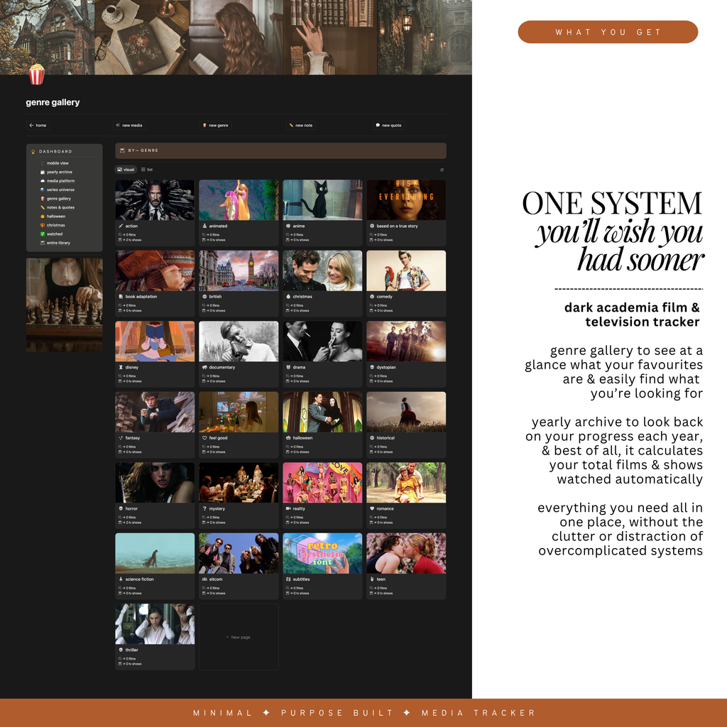 film & television tracker | notion template [dark academia theme]