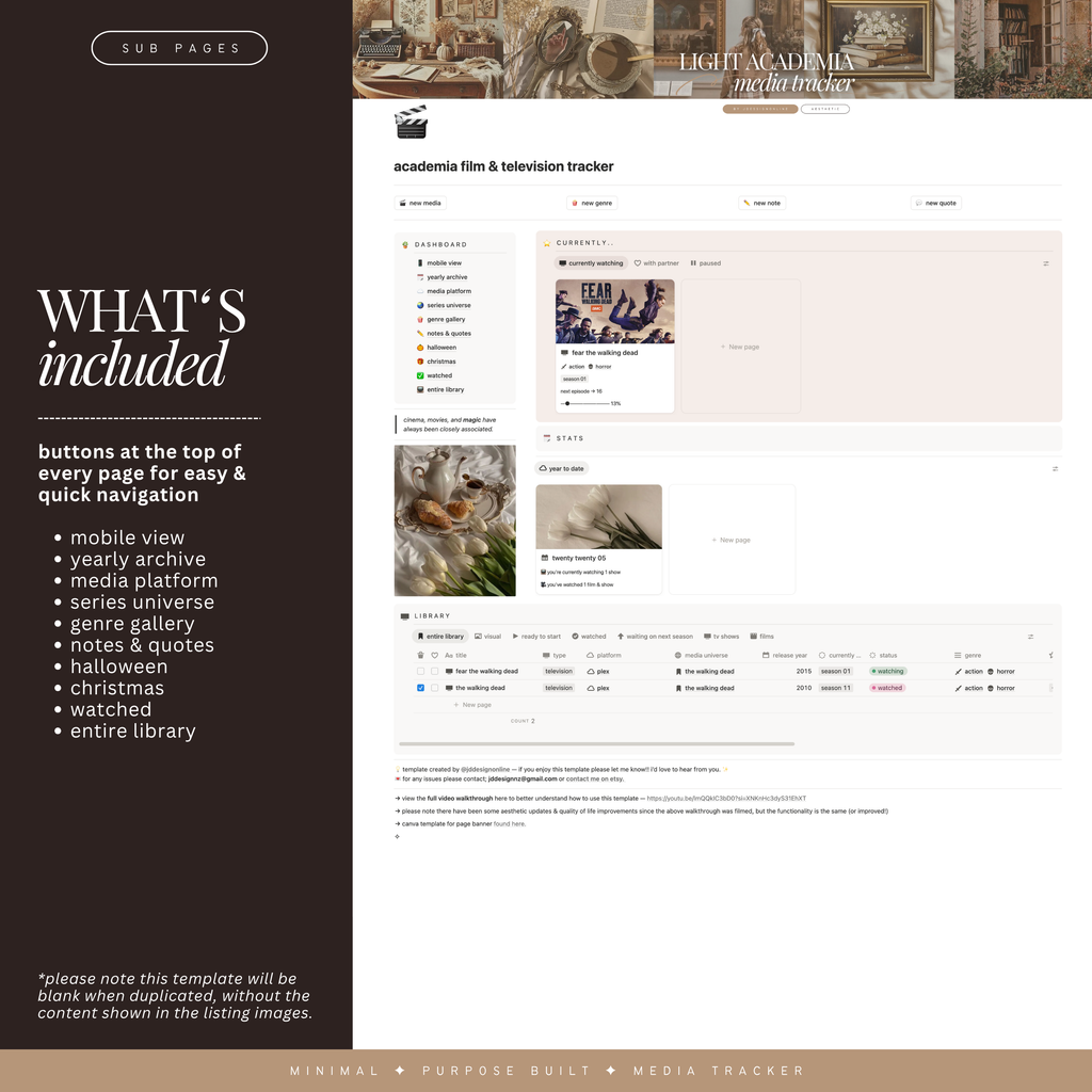 film & television media tracker | notion template [academia theme]