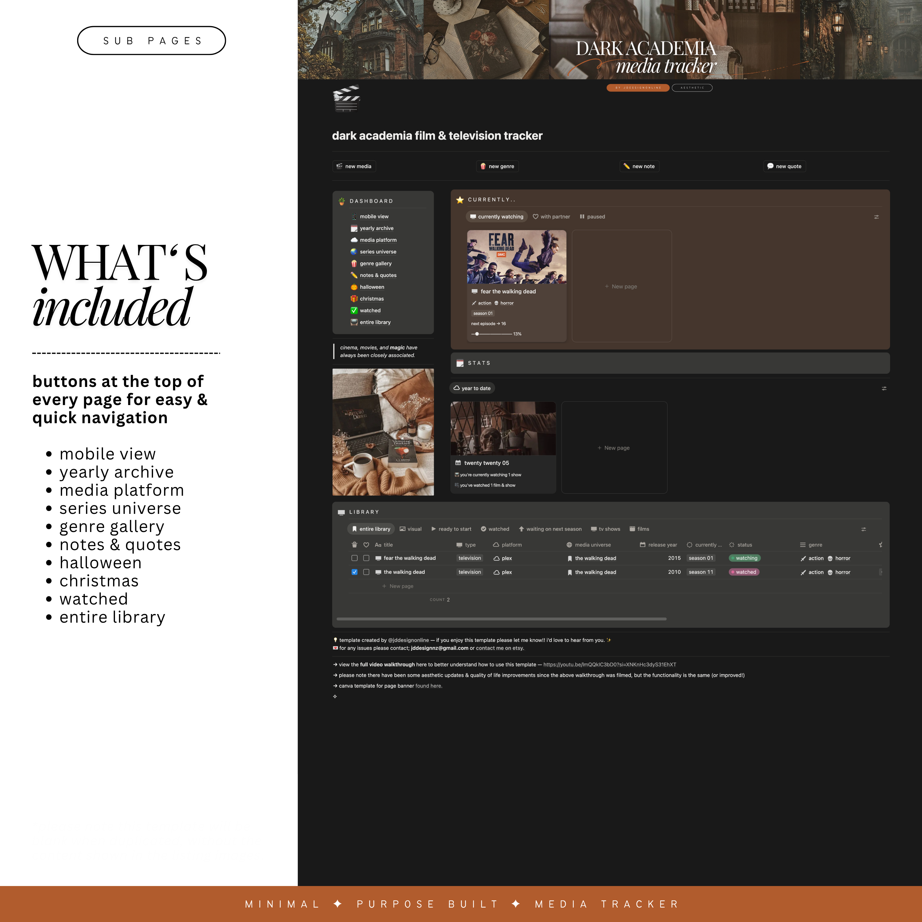 film & television tracker | notion template [dark academia theme]